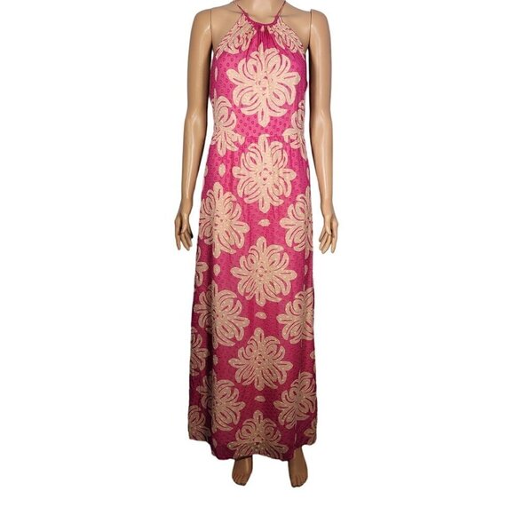 Vineyard Vines Women's Medallion Silk Blend Pink Halter Maxi Dress Size 6 - Picture 1 of 12